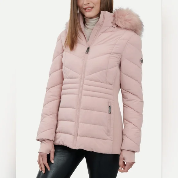 Michael Kors Faux Fur Trim Hooded Puffer Coat Blush Pink NWT Size Medium - Picture 3 of 10
